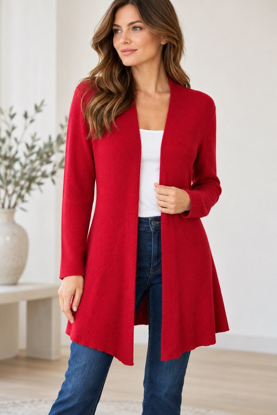 Eileen Fisher Red 100% Wool Open Front Long Cardigan Sweater Size XS